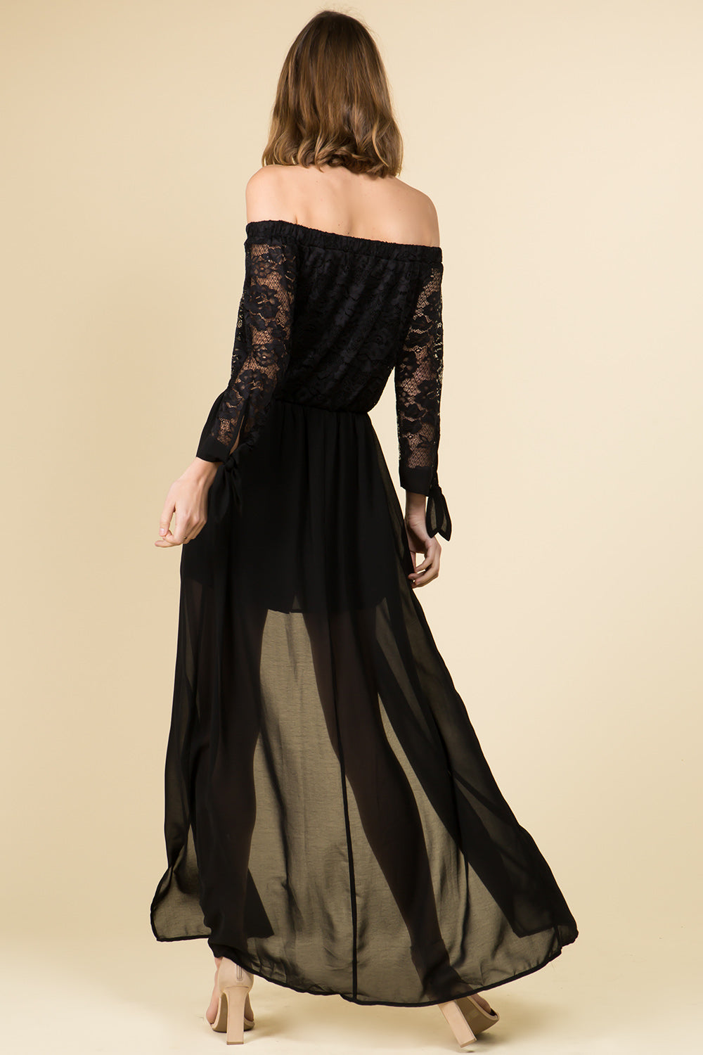 DROP SHOULDER LONG SLEEVE LACE MAXI ROMPER DRESS