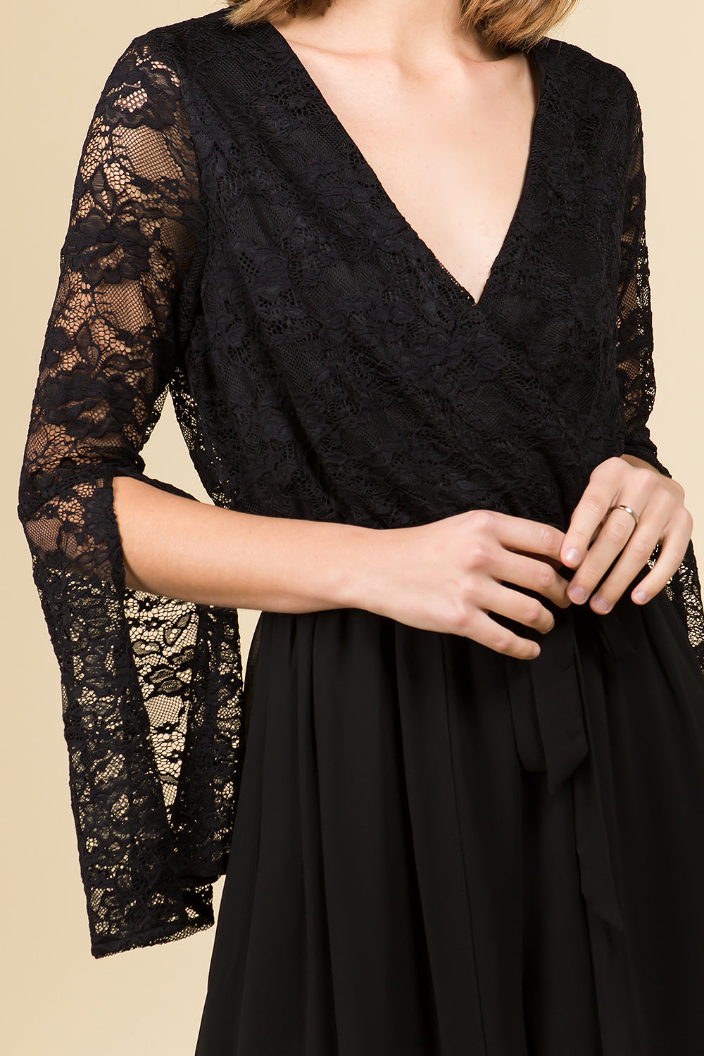 BELL SLEEVE LACE V-NECK ROMPER MAXI DRESS WITH SASH