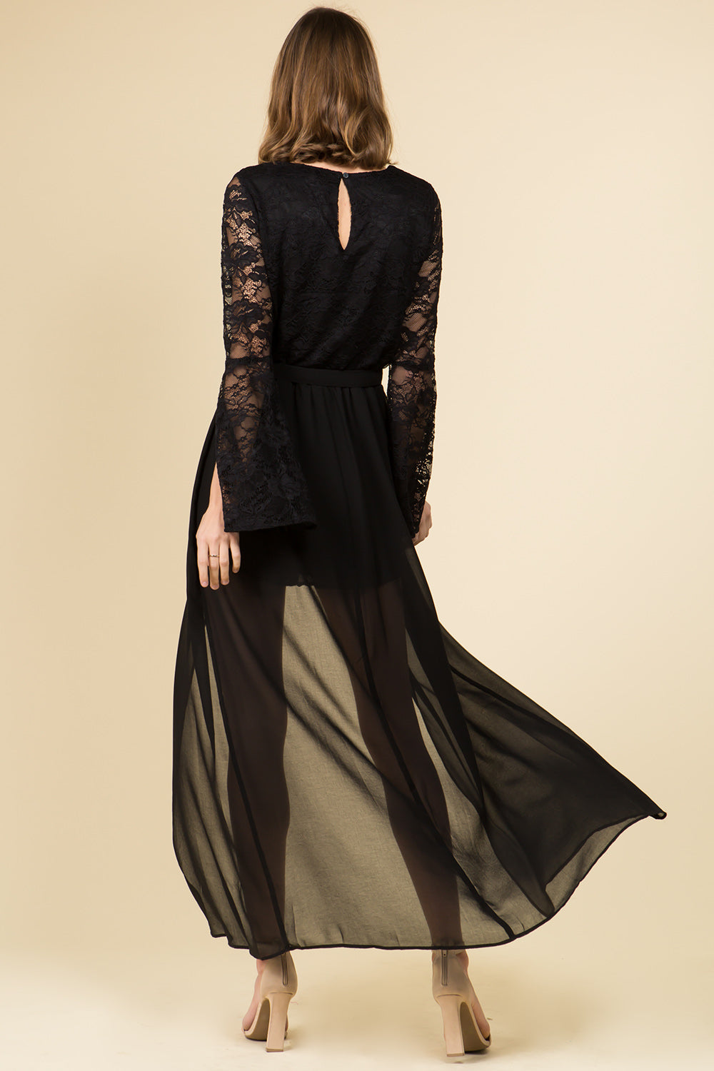 BELL SLEEVE LACE V-NECK ROMPER MAXI DRESS WITH SASH