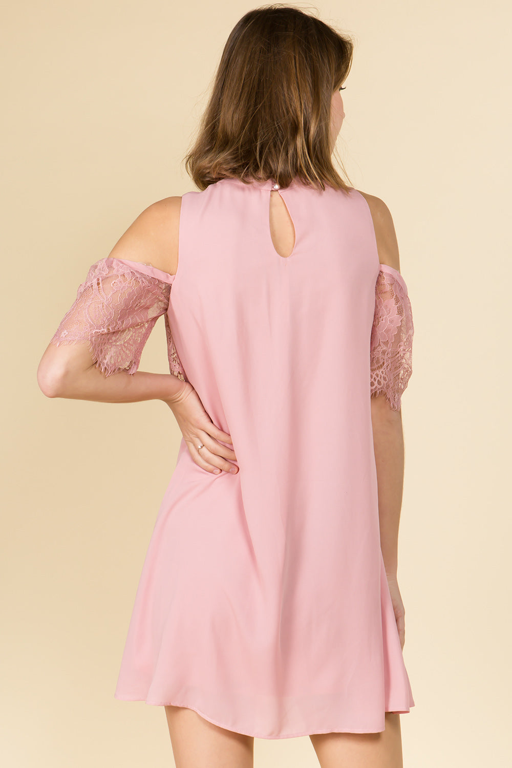 TIE FRONT MOCK NECK LACE RUFFLE COLD SHOULDER DRESS