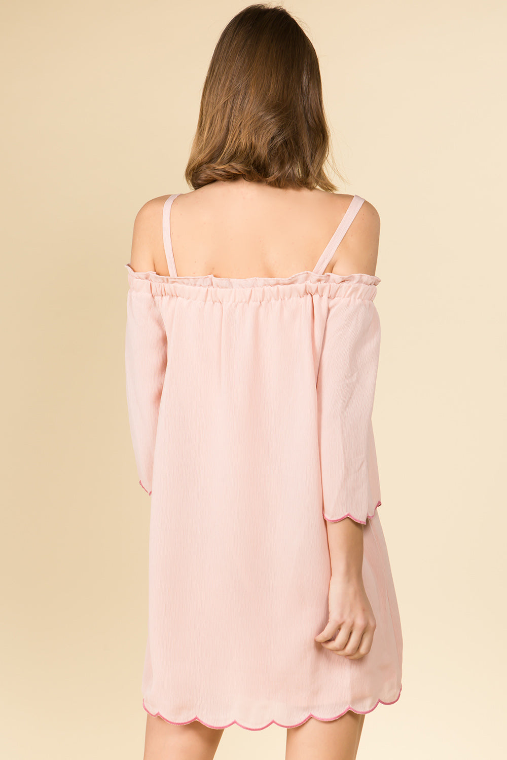 COLD SHOULDER EMBROIDERED SCALLOP EDGE MINI DRESS