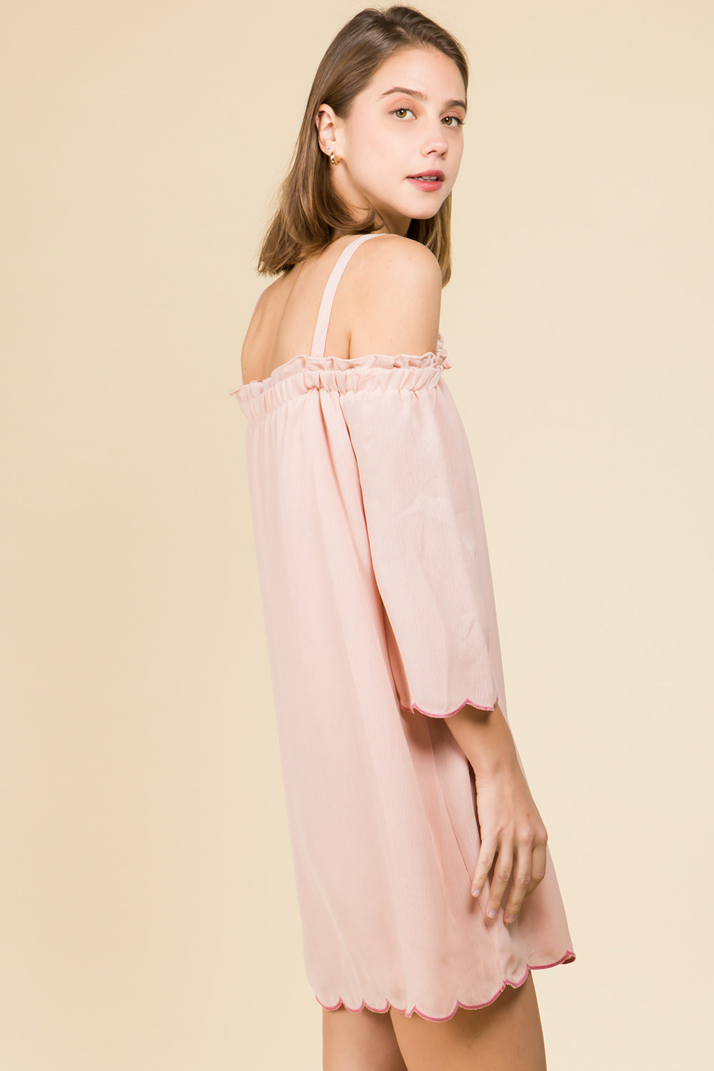 COLD SHOULDER EMBROIDERED SCALLOP EDGE MINI DRESS