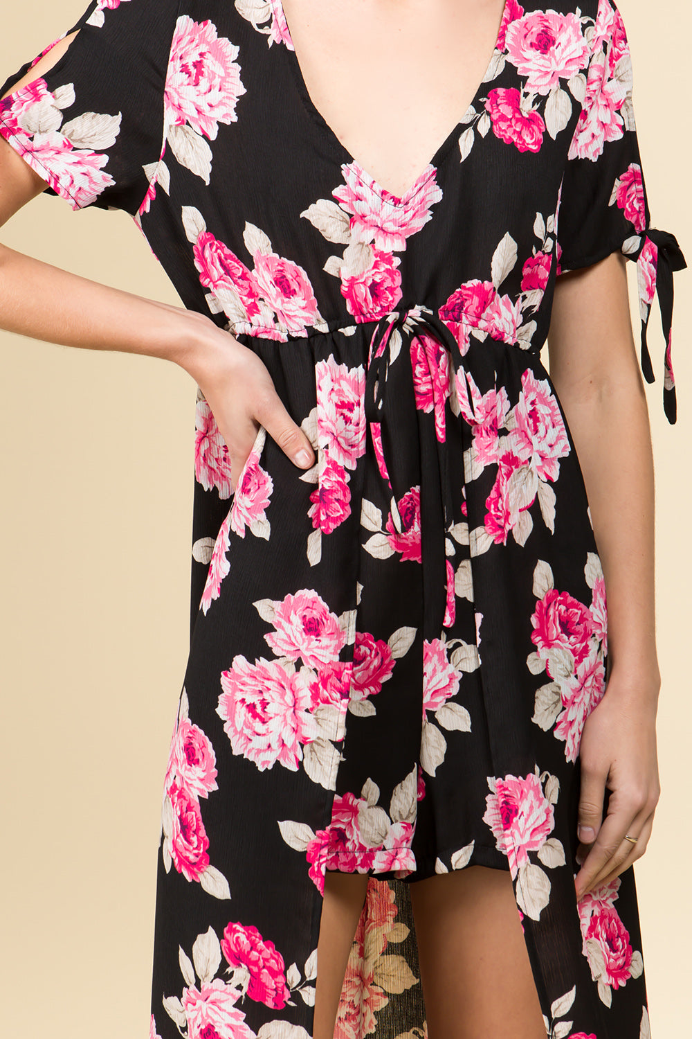 BLACK FUSCHIA FLORAL V-NECK ROMPER MAXI DRESS