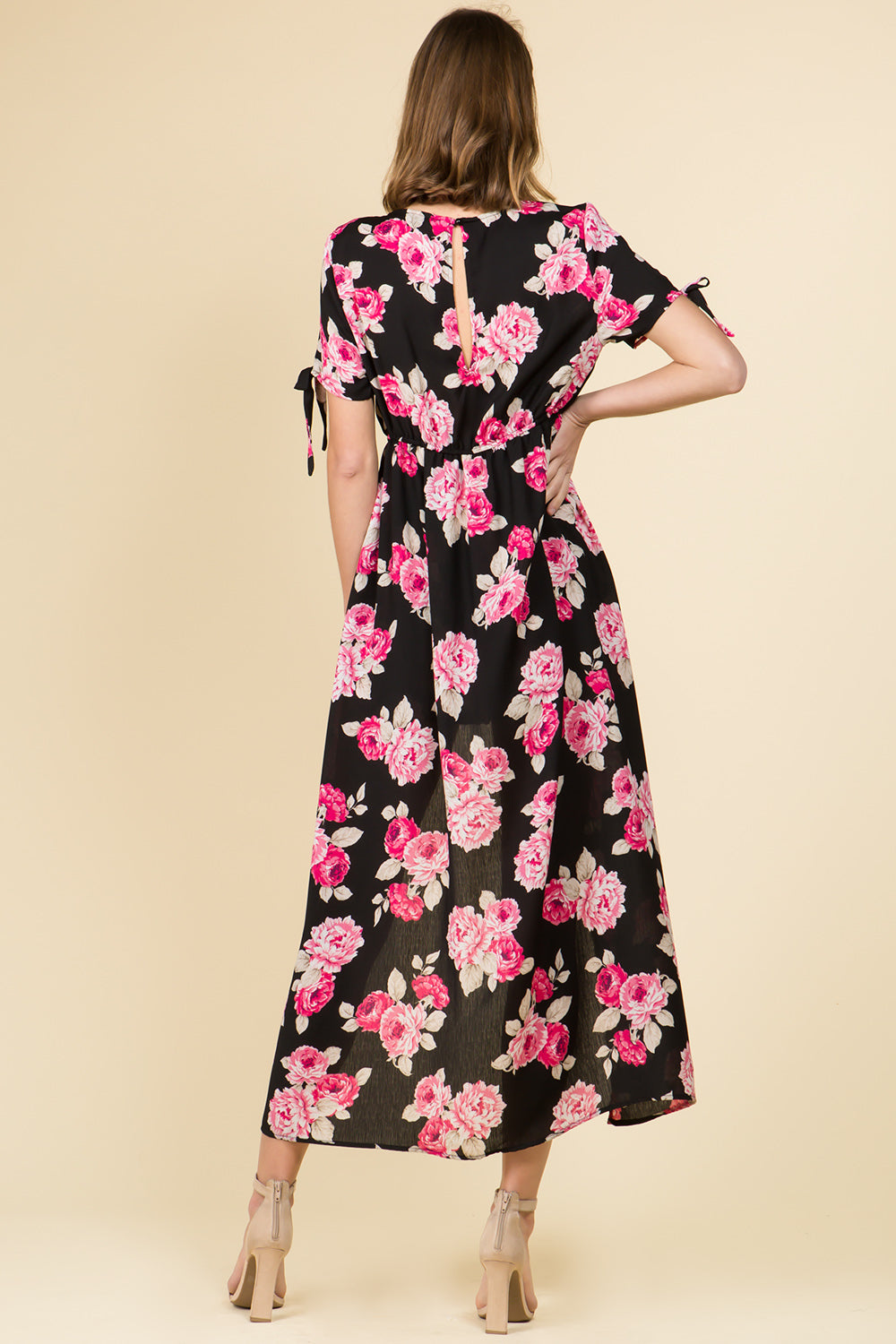 BLACK FUSCHIA FLORAL V-NECK ROMPER MAXI DRESS