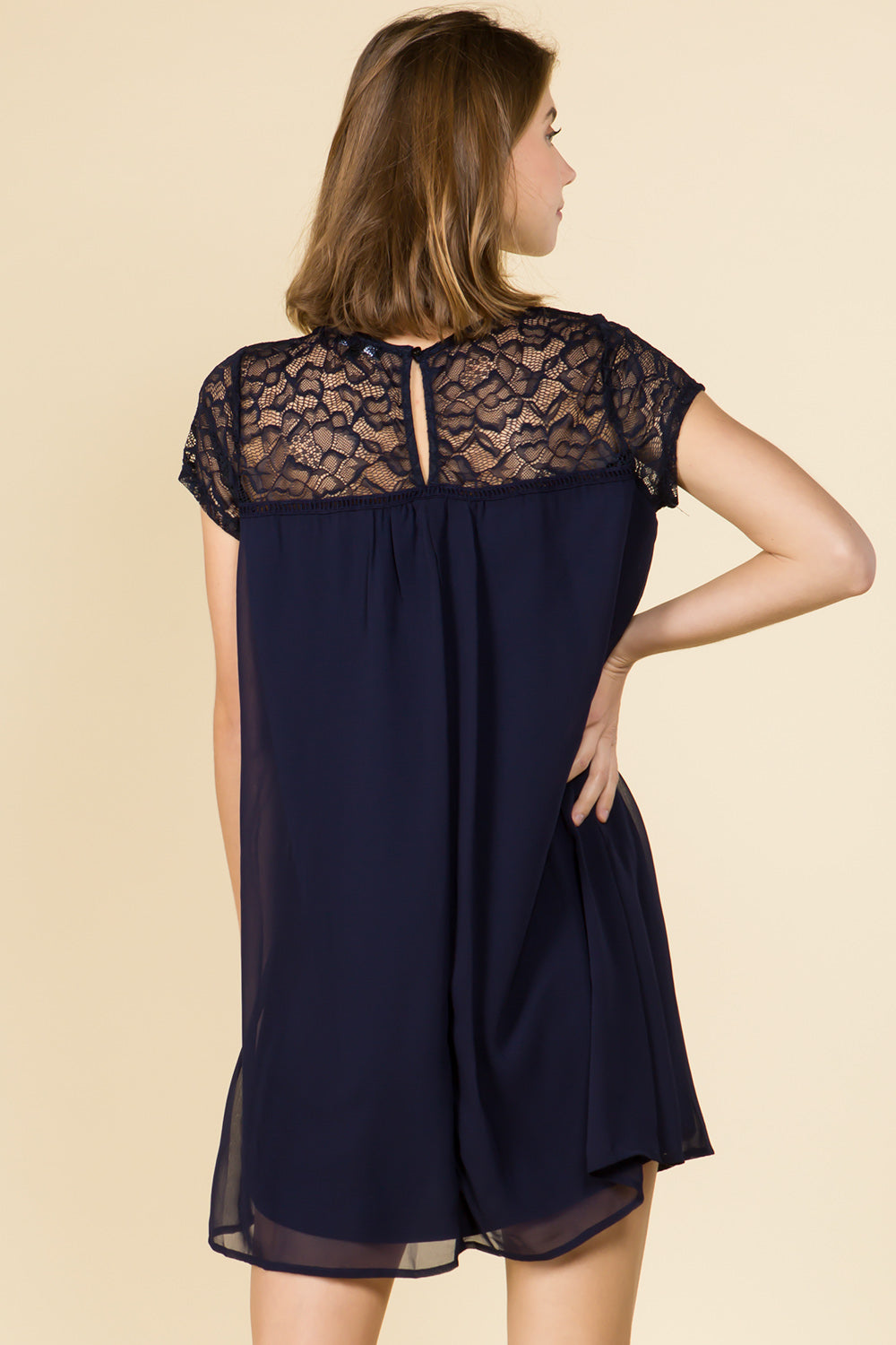 LATTICE FRONT LACE SHOULDER MINI DRESS IN NAVY