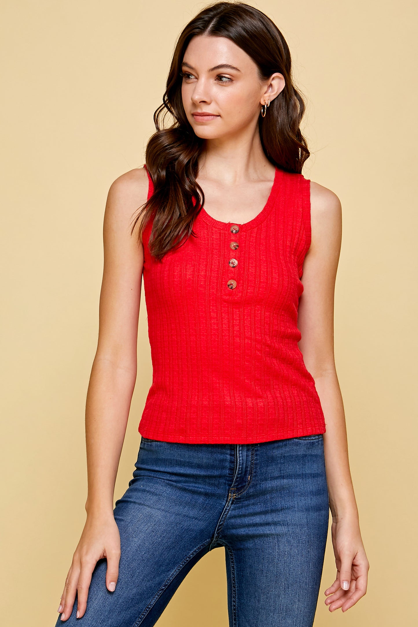 RED MIXED KNIT TANK WITH BUTTON CLOSURE DETAIL