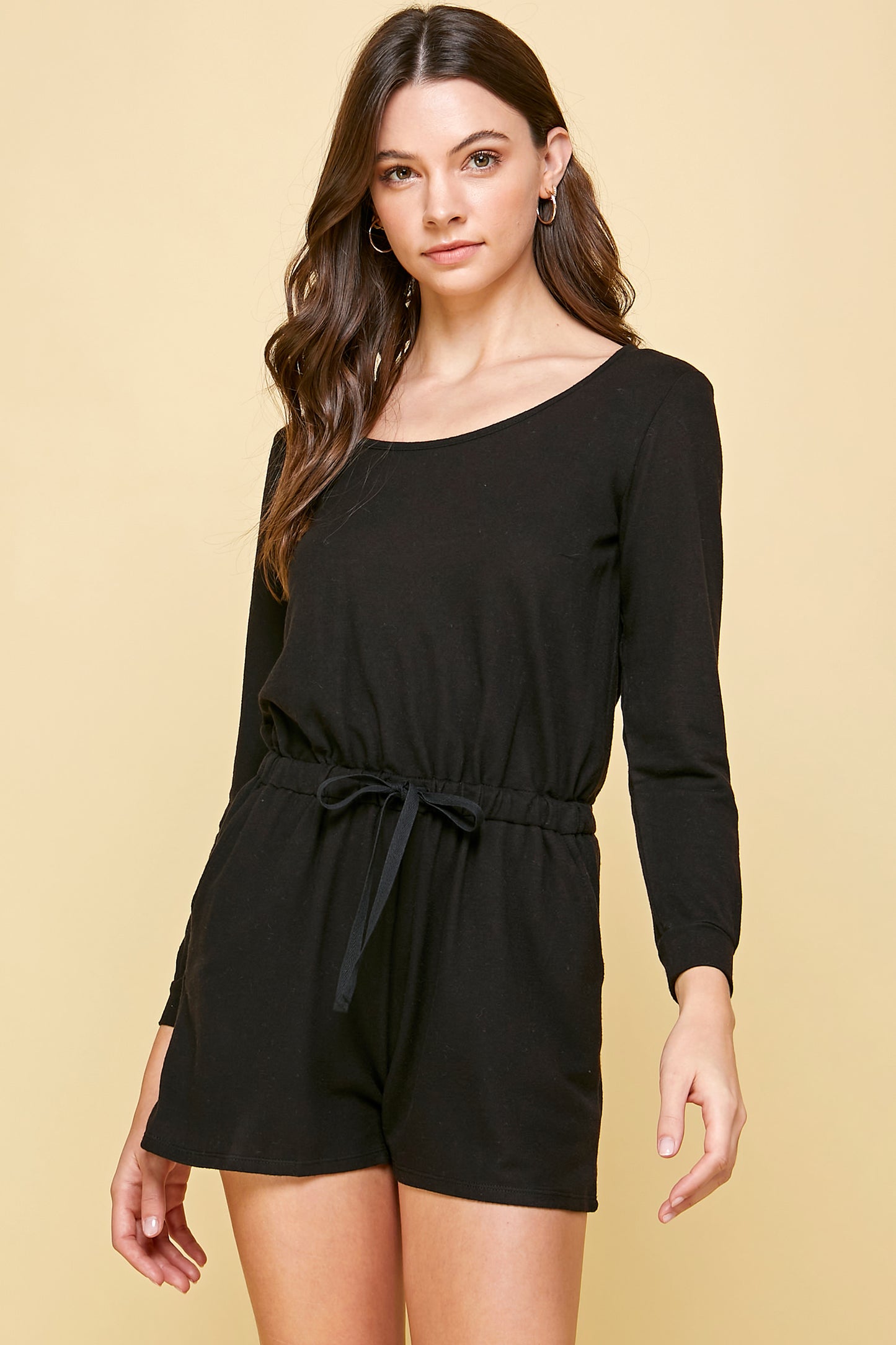 COZY SOFT LONG SLEEVE ROMPER WITH DRAWSTRING TIE WAIST