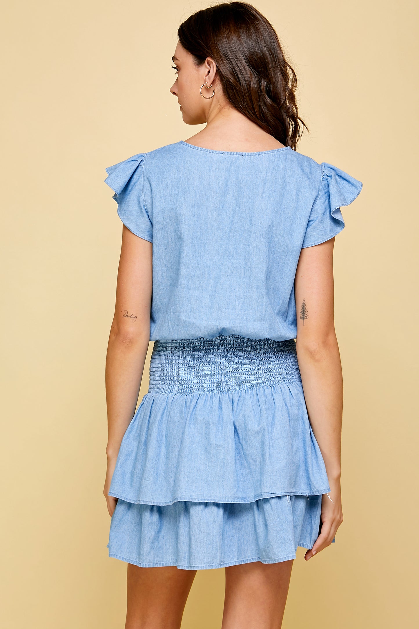 DENIM SMOCKED WAIST TIERED MINI DRESS