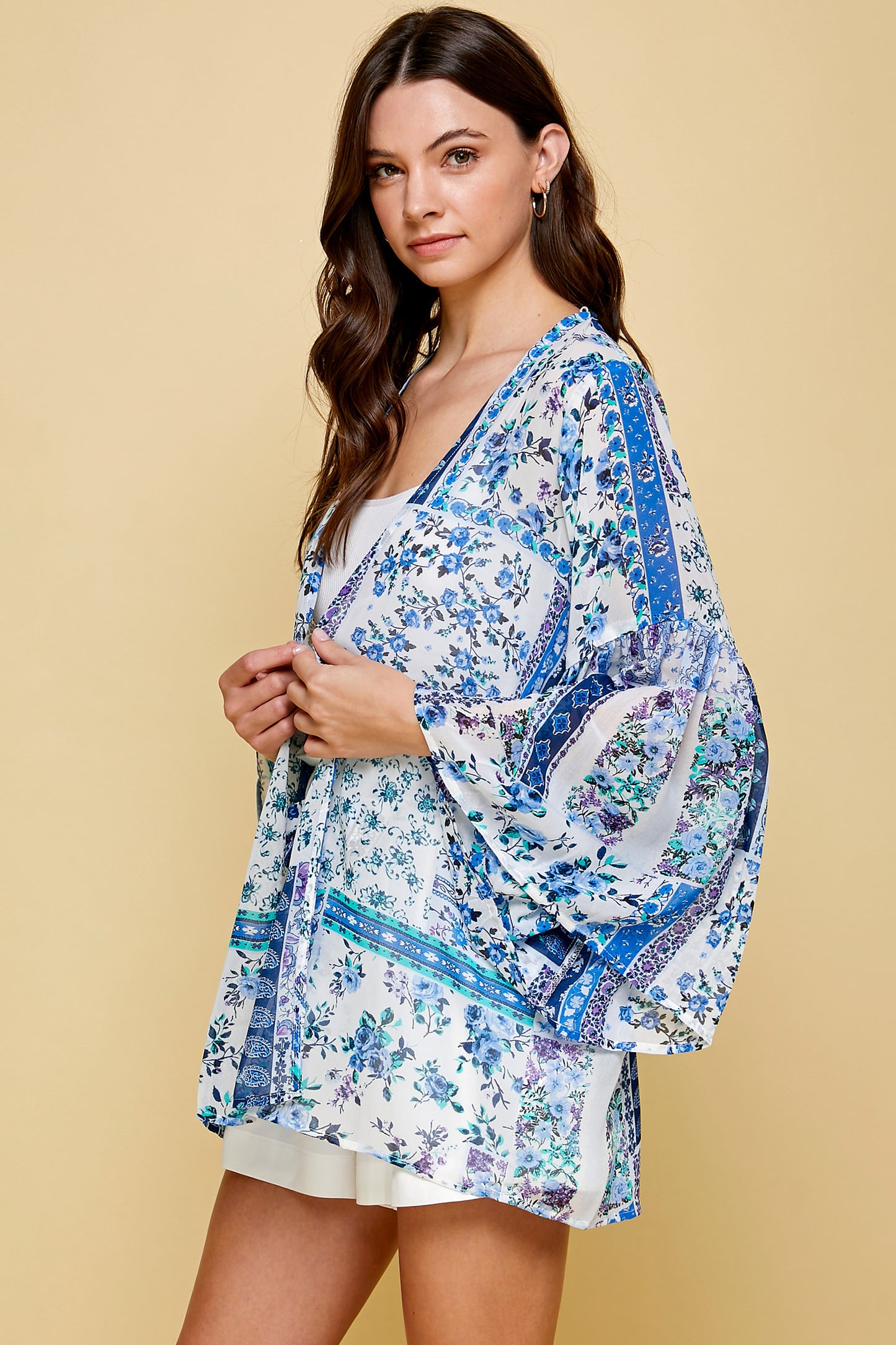 SHEER FLORAL KIMONO WITH PUFF SLEEVES
