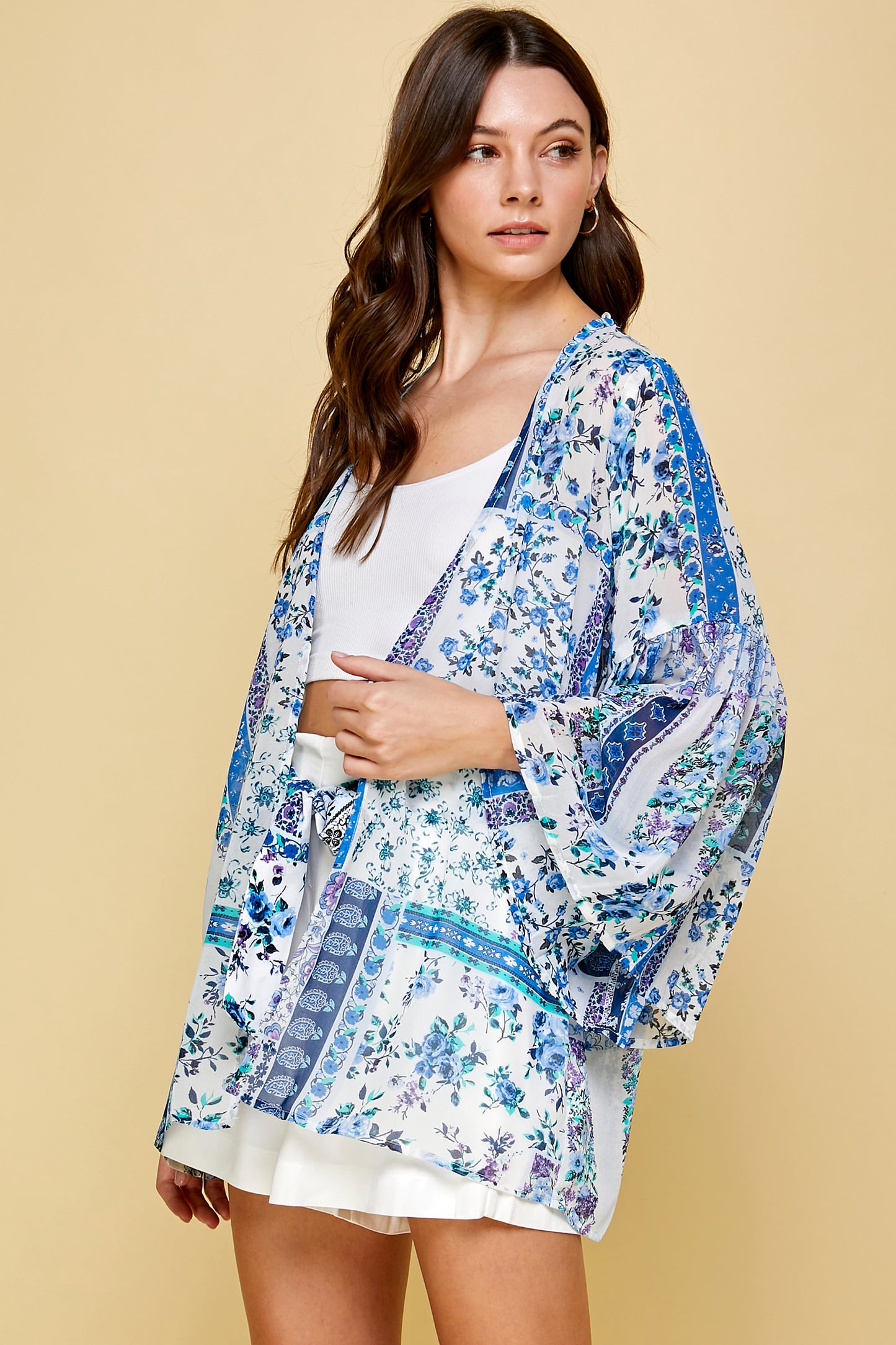 SHEER FLORAL KIMONO WITH PUFF SLEEVES
