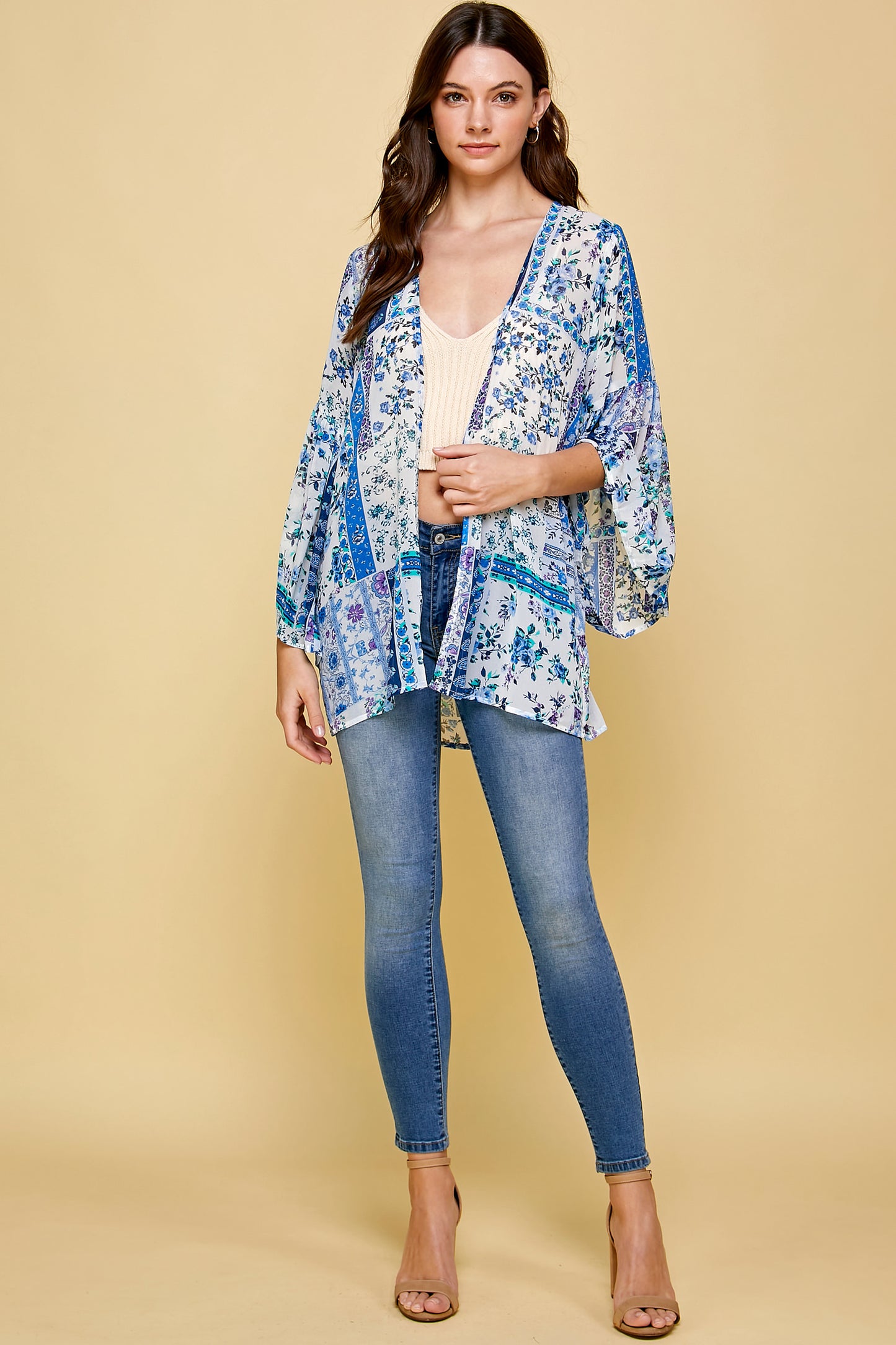 SHEER FLORAL KIMONO WITH PUFF SLEEVES