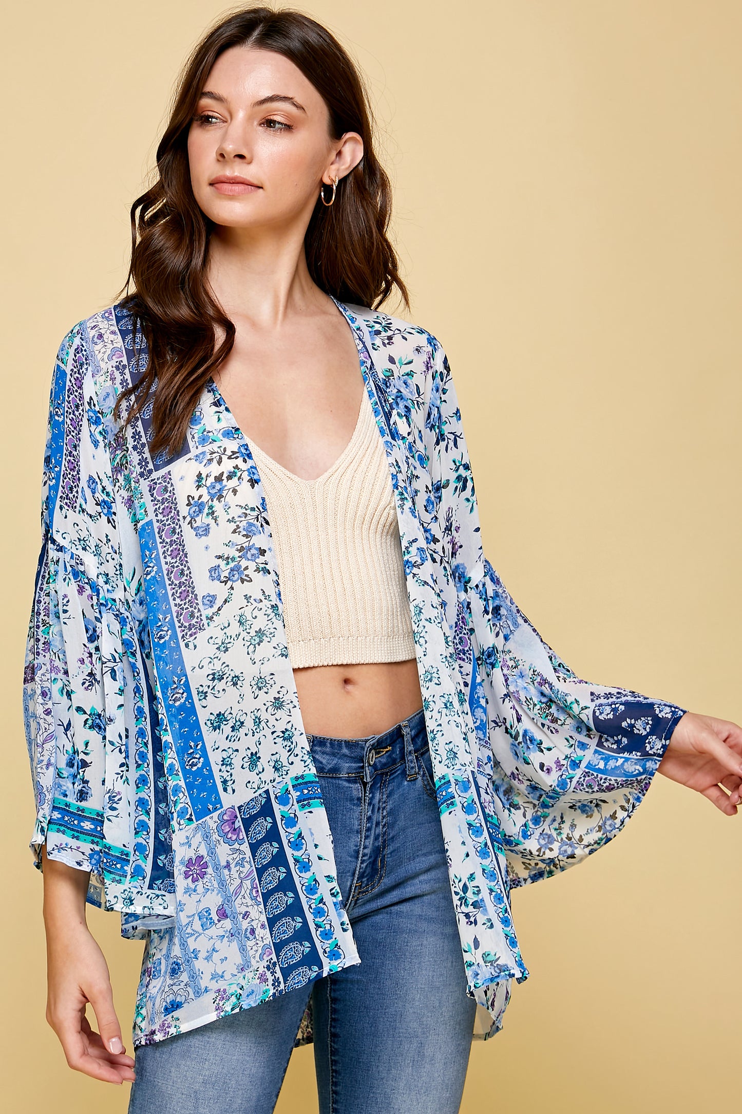 SHEER FLORAL KIMONO WITH PUFF SLEEVES