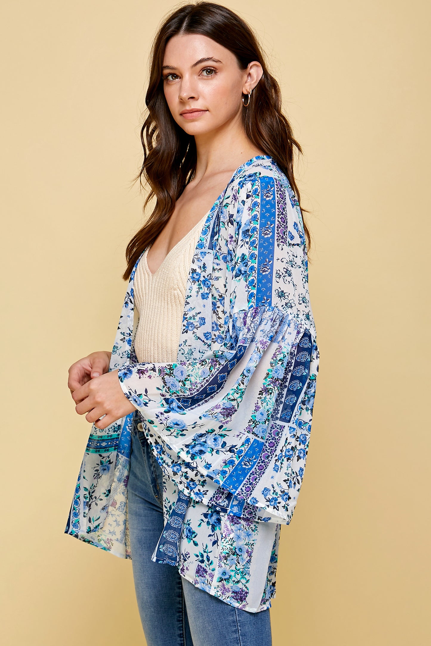 SHEER FLORAL KIMONO WITH PUFF SLEEVES