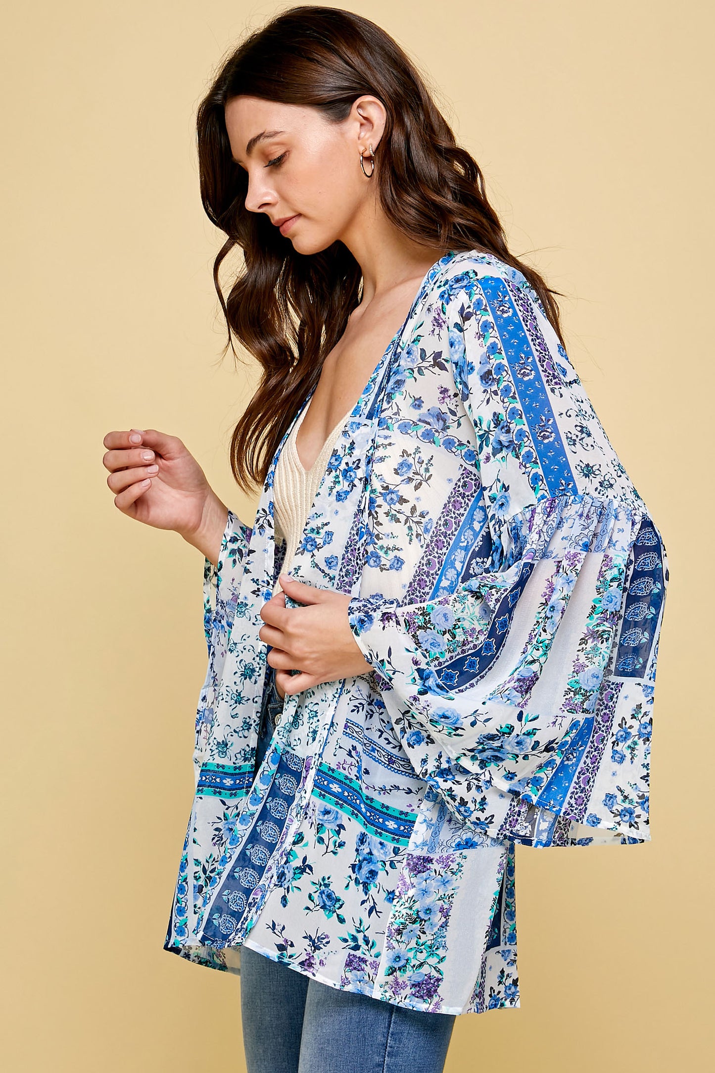 SHEER FLORAL KIMONO WITH PUFF SLEEVES