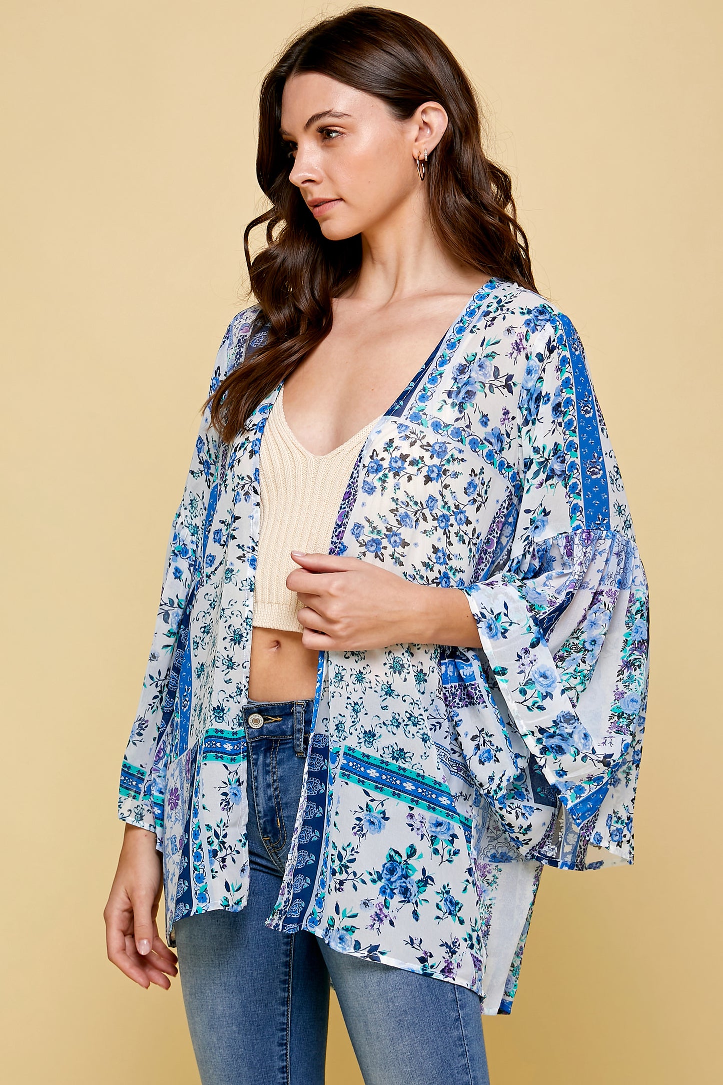 SHEER FLORAL KIMONO WITH PUFF SLEEVES