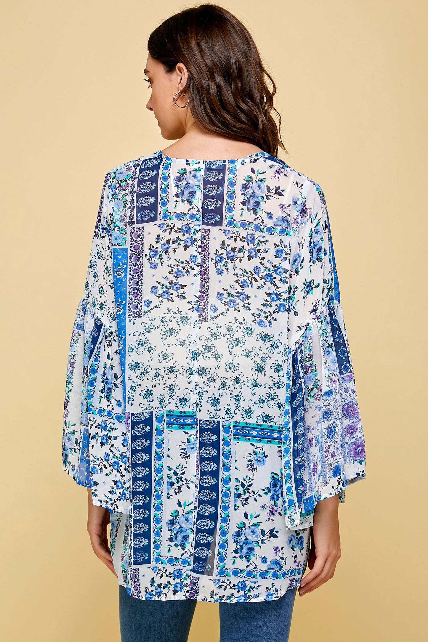 SHEER FLORAL KIMONO WITH PUFF SLEEVES