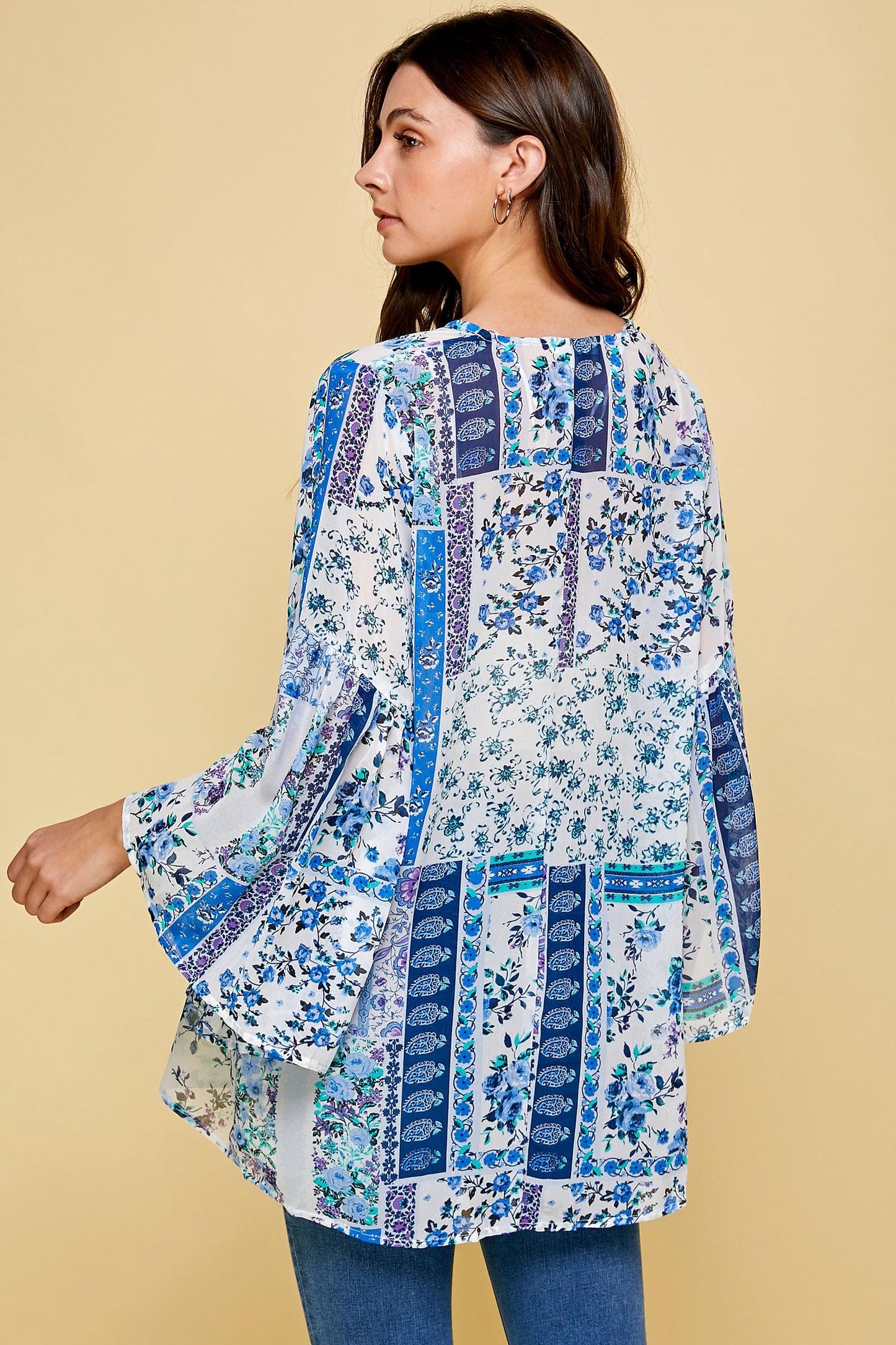 SHEER FLORAL KIMONO WITH PUFF SLEEVES