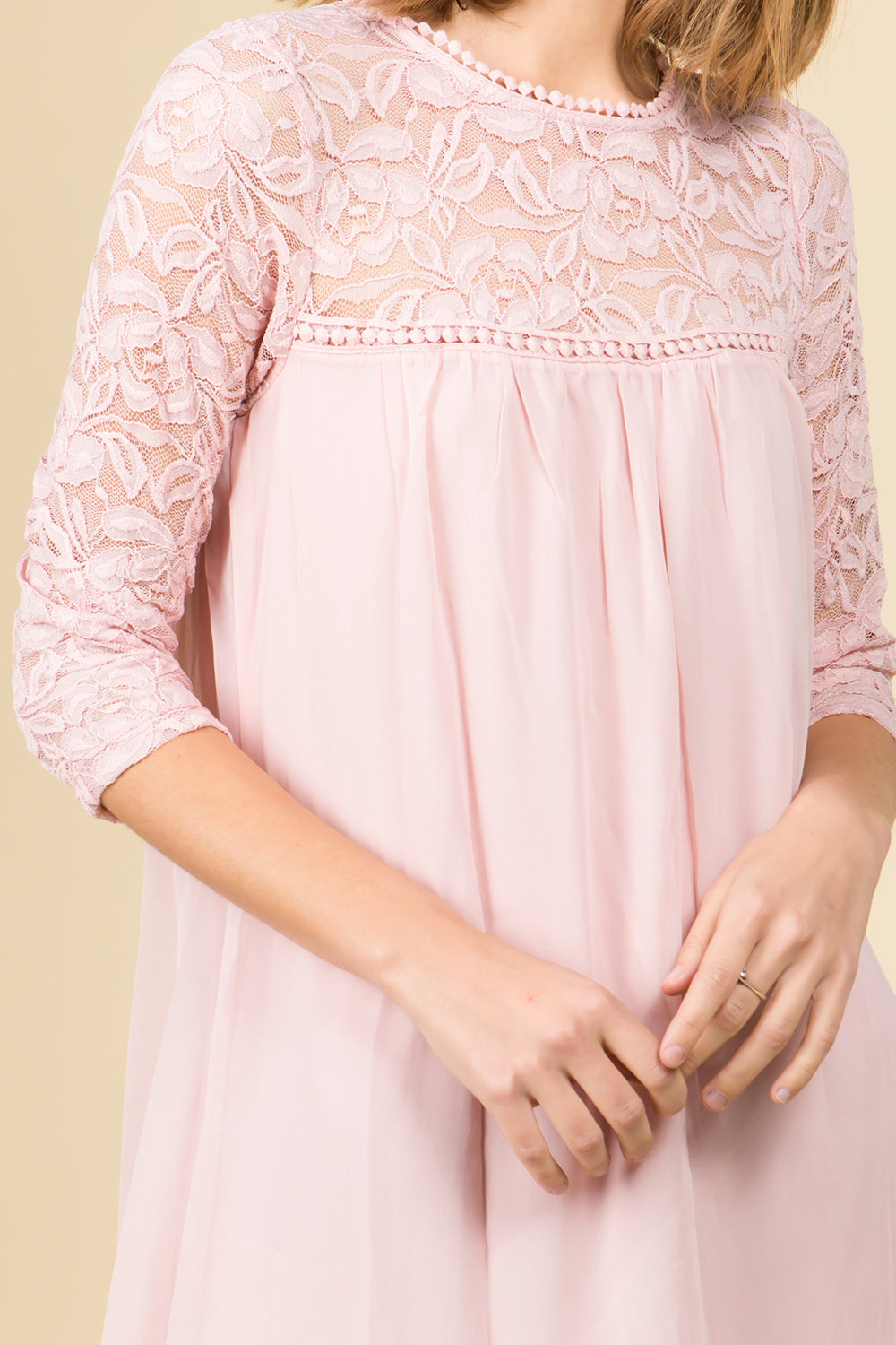 PINK BABYDOLL DRESS WITH LACE TRIM