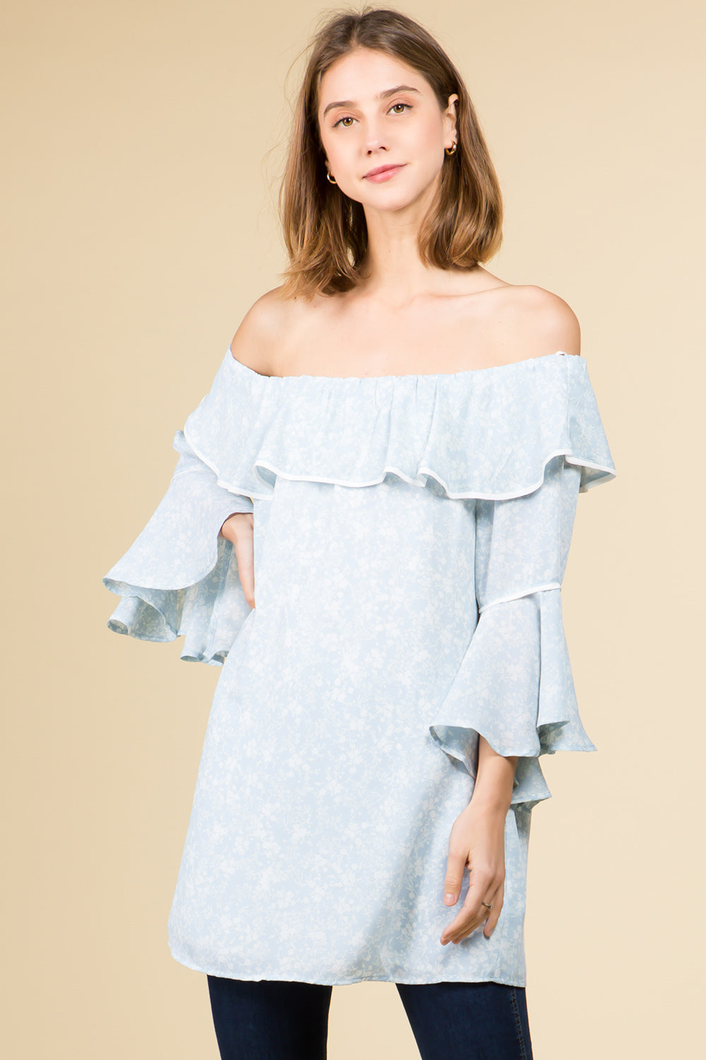 OFF SHOULDER RUFFLE TOP WITH BELL SLEEVES