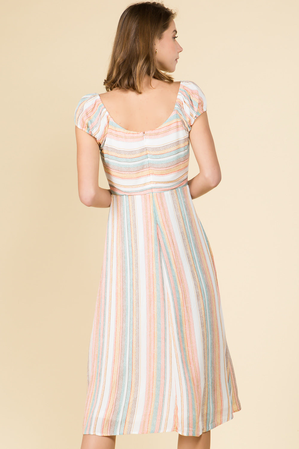 TIE FRONT MULTI STRIPE PUFF SLEEVE MIDI DRESS