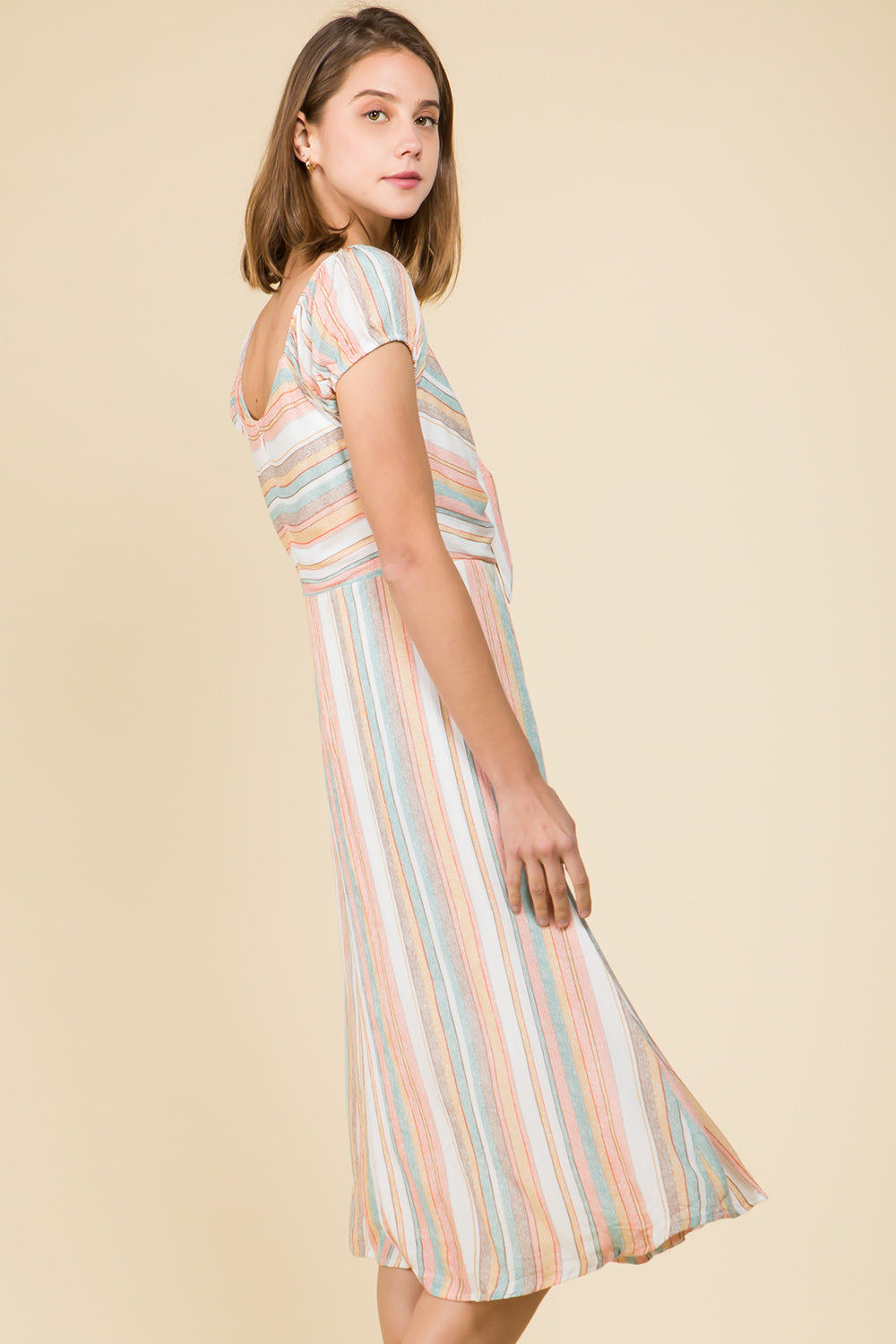 TIE FRONT MULTI STRIPE PUFF SLEEVE MIDI DRESS