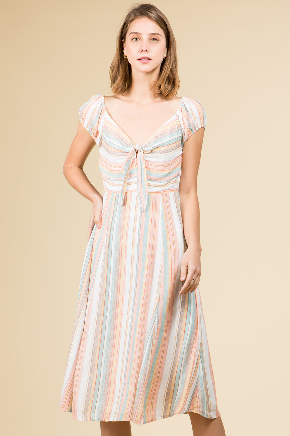 TIE FRONT MULTI STRIPE PUFF SLEEVE MIDI DRESS