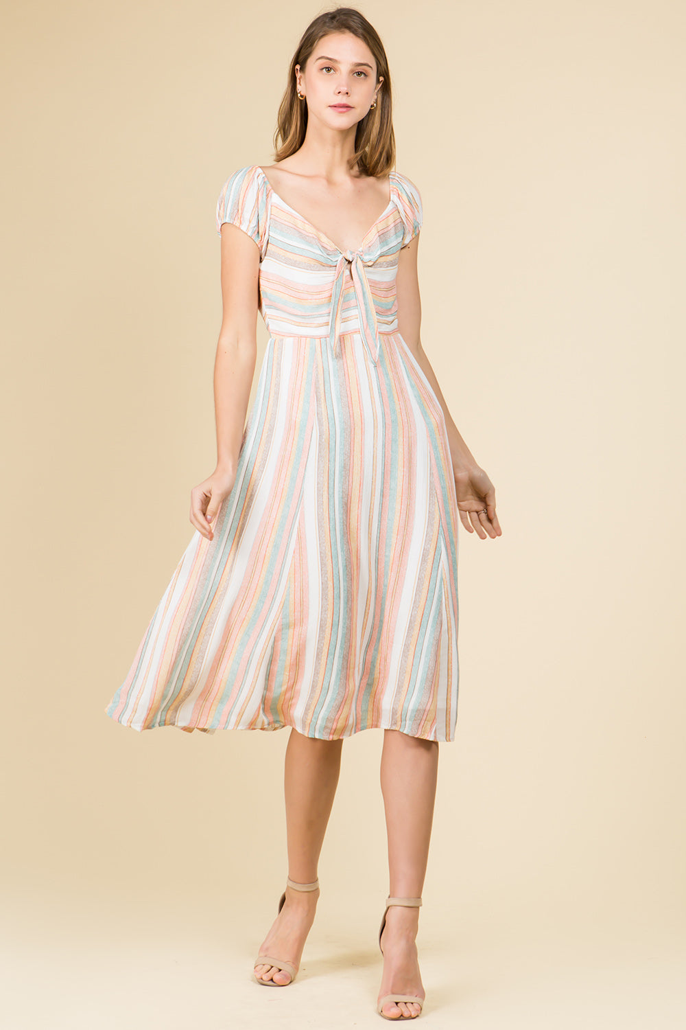 TIE FRONT MULTI STRIPE PUFF SLEEVE MIDI DRESS