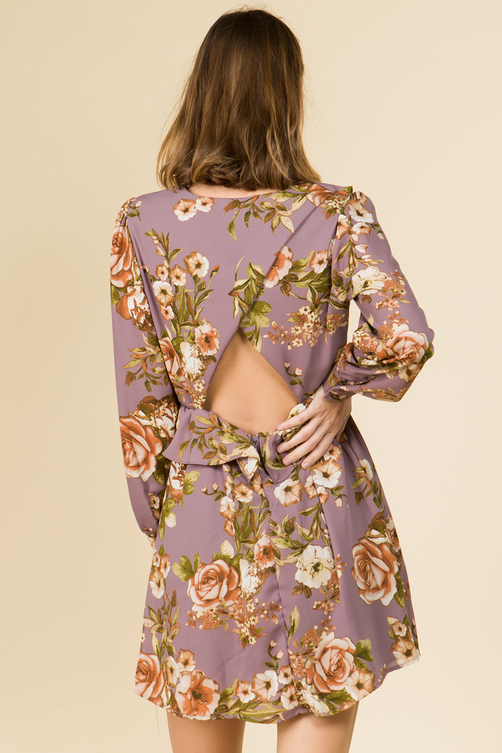 ASYMMETRICAL RUFFLE V-NECK OPEN BACK MINI DRESS IN ROSE PRINT