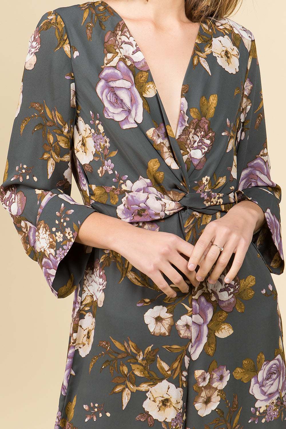 LONG SLEEVE TWIST FRONT MID CALF LENGTH JUMPSUIT IN FLORAL PRINT
