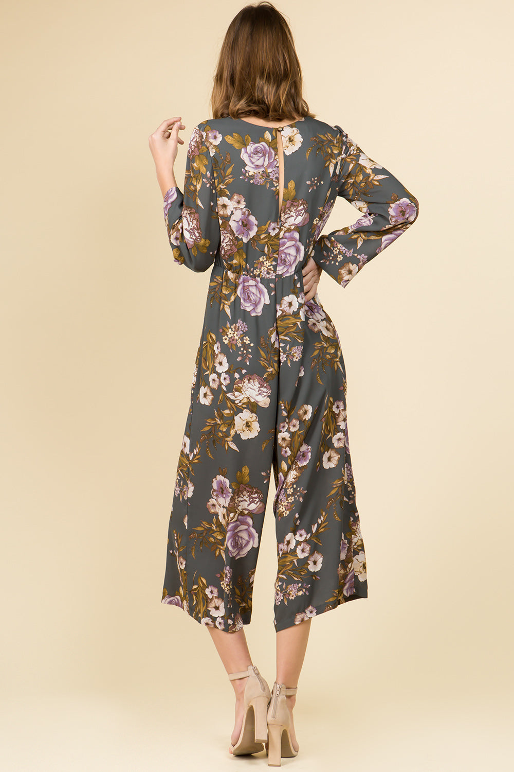 LONG SLEEVE TWIST FRONT MID CALF LENGTH JUMPSUIT IN FLORAL PRINT