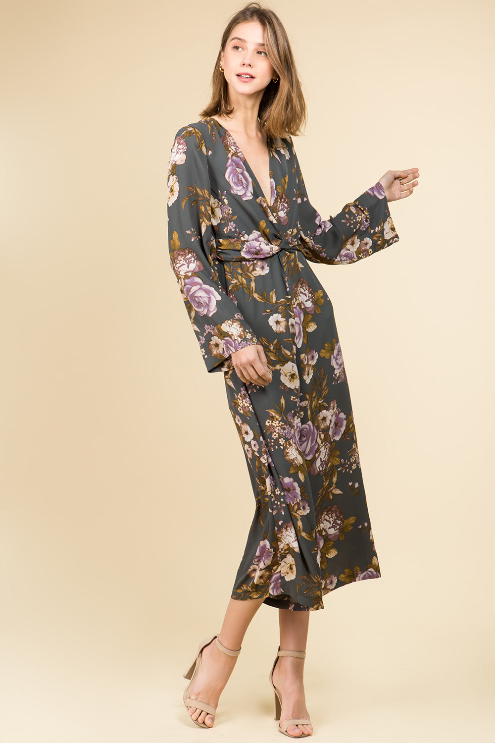LONG SLEEVE TWIST FRONT MID CALF LENGTH JUMPSUIT IN FLORAL PRINT