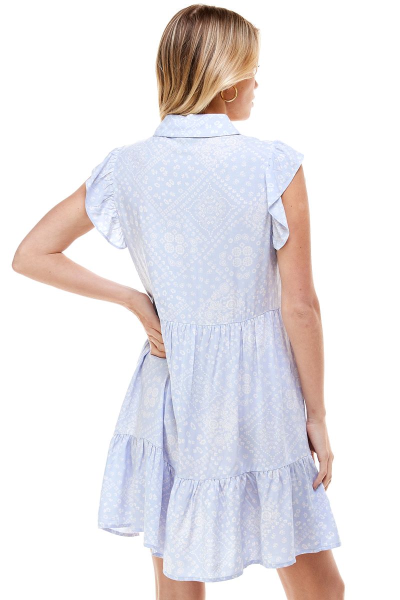 BLUE PAISLEY TIERED RUFFLE SHIRT DRESS