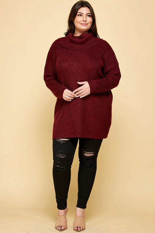 PLUS SIZE HEAVY KNIT LONG TURTLENECK IN BURGUNDY