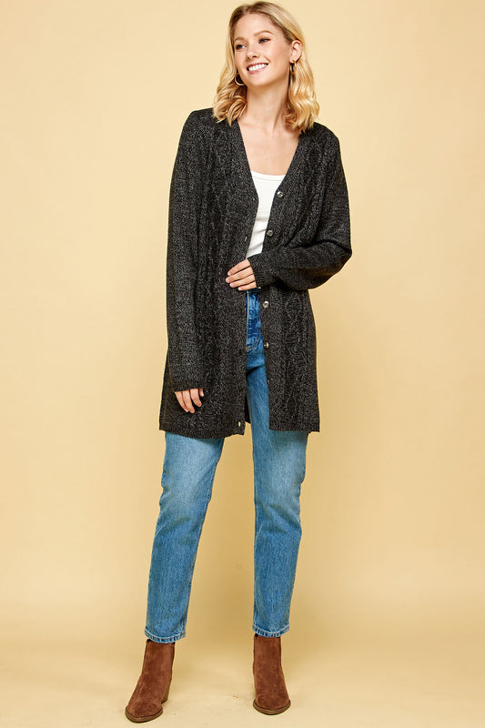 BUTTON FRONT V-NECK KNIT CARDIGAN IN ASH BLACK