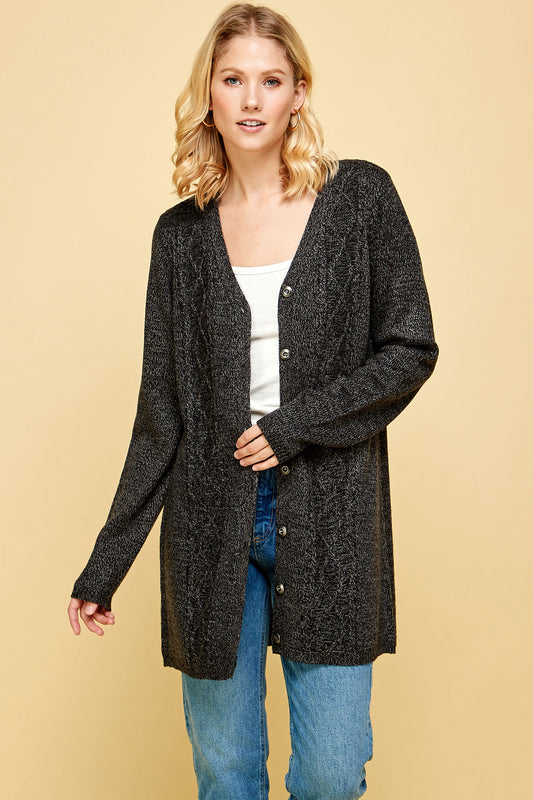 BUTTON FRONT V-NECK KNIT CARDIGAN IN ASH BLACK
