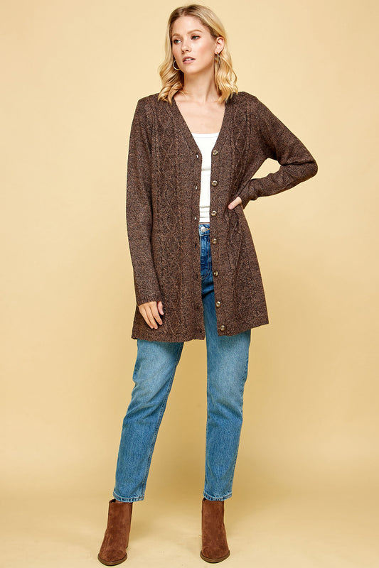 BUTTON FRONT V-NECK KNIT CARDIGAN IN BROWN