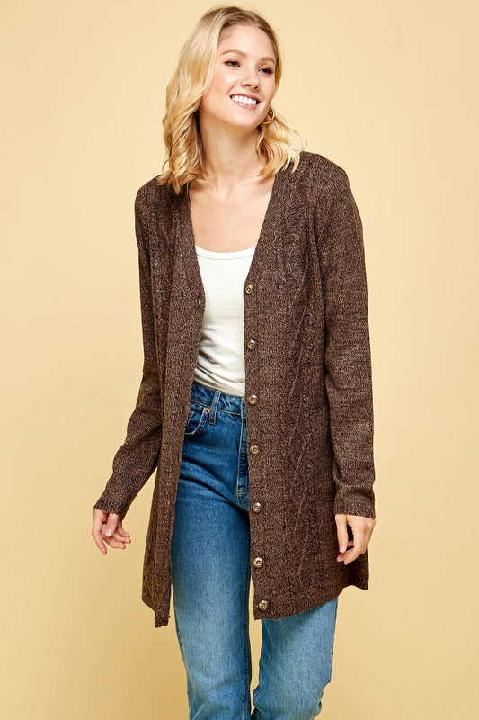BUTTON FRONT V-NECK KNIT CARDIGAN IN BROWN