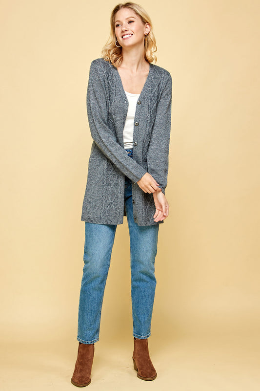 BUTTON FRONT V-NECK KNIT CARDIGAN IN GREY
