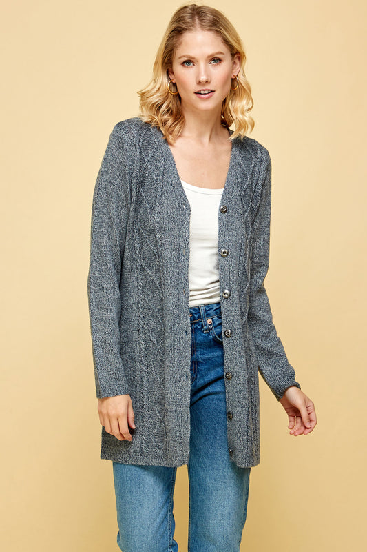 BUTTON FRONT V-NECK KNIT CARDIGAN IN GREY