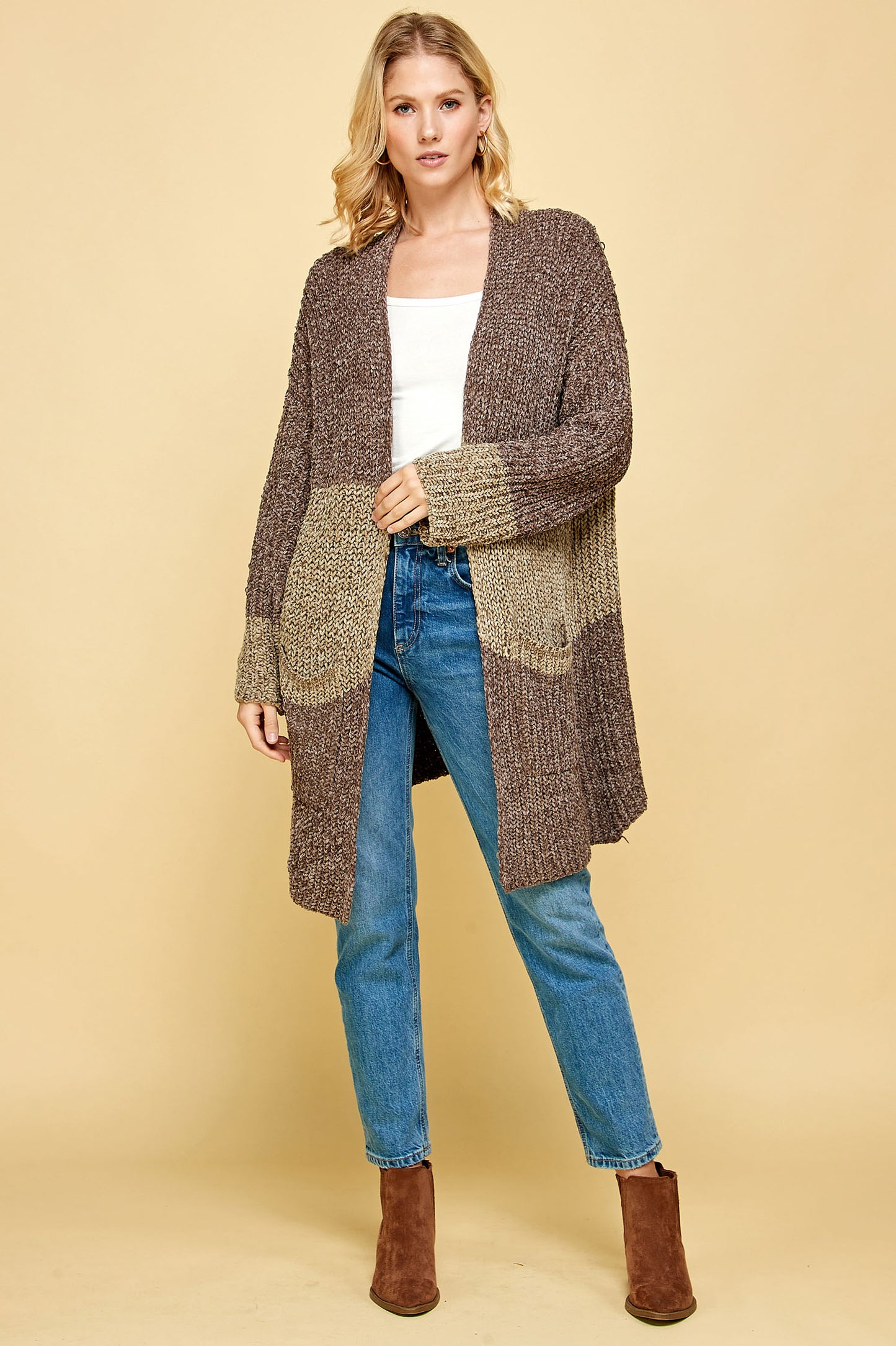 COMFY CABLE CHENILLE COLORBLOCK CARDIGAN