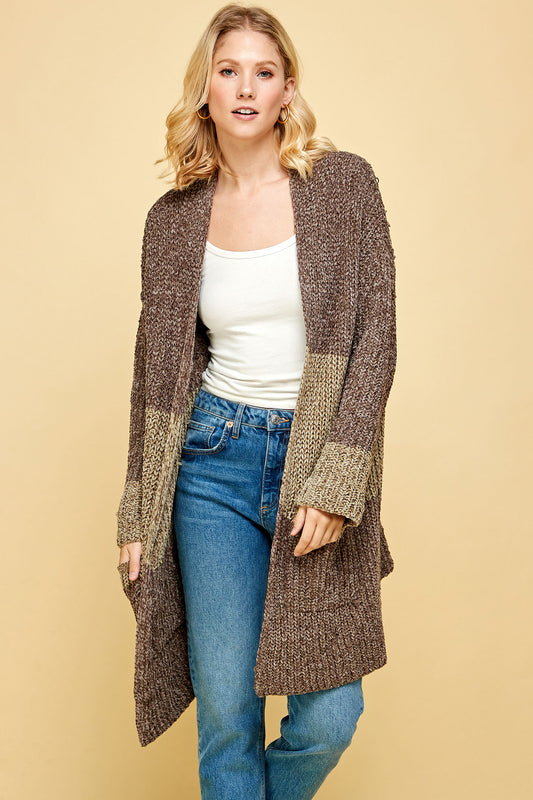 COMFY CABLE CHENILLE COLORBLOCK CARDIGAN