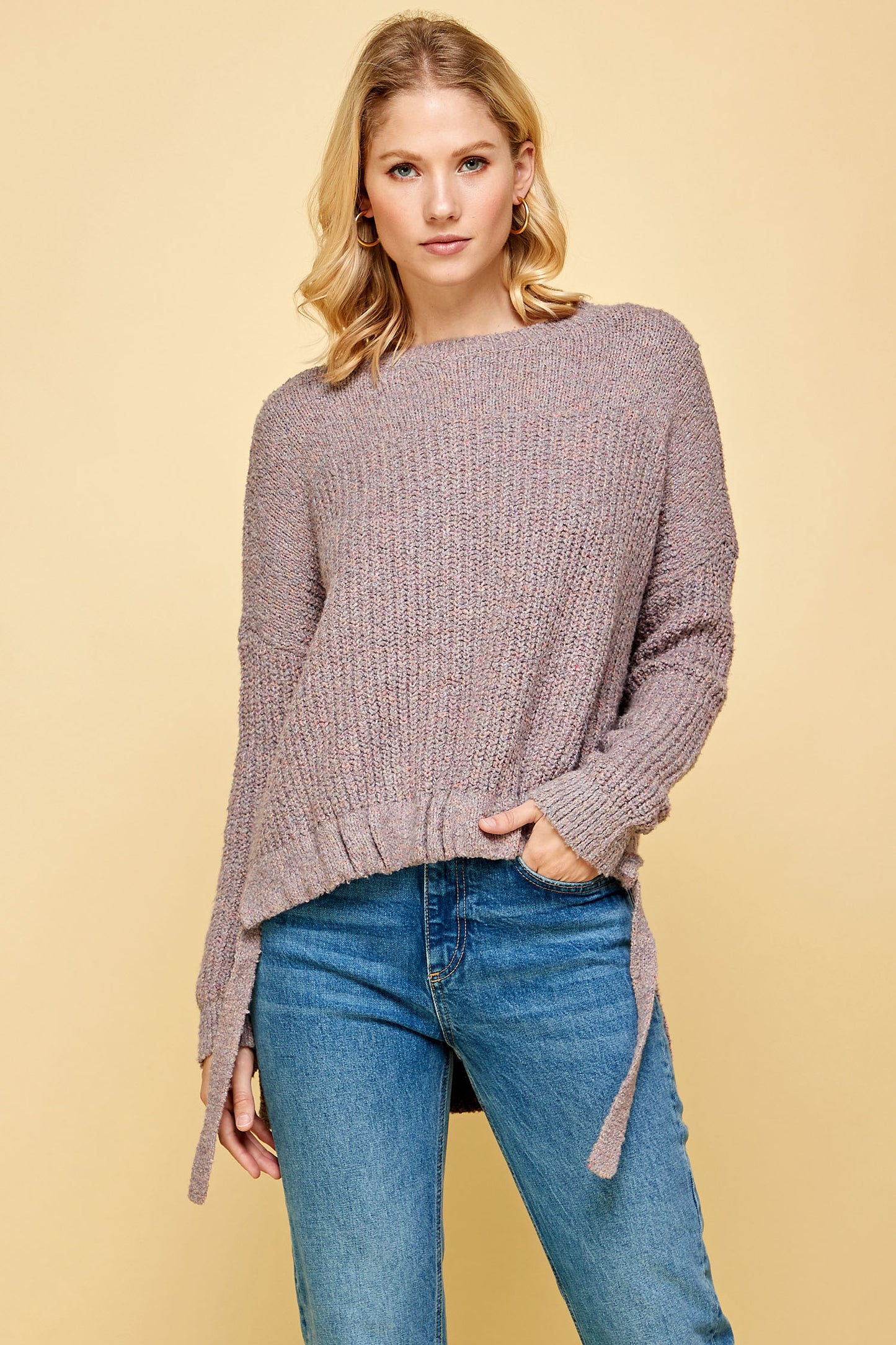 THICK KNIT HIGH LOW PULLOVER SWEATER IN PINK