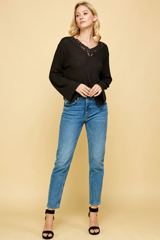 BLACK LONG SLEEVE WAFFLE TOP