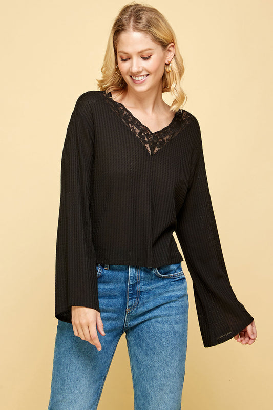 BLACK LONG SLEEVE WAFFLE TOP