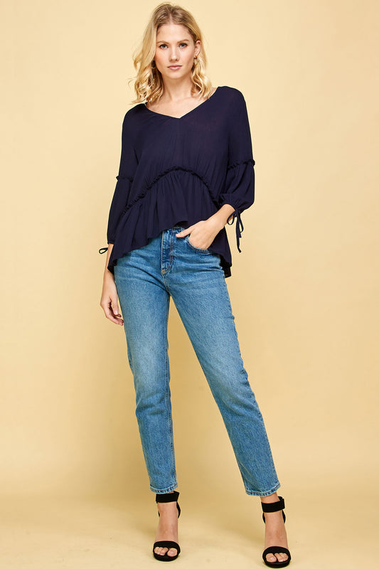 QUARTER SLEEVE TIERED PEASANT TOP IN NAVY