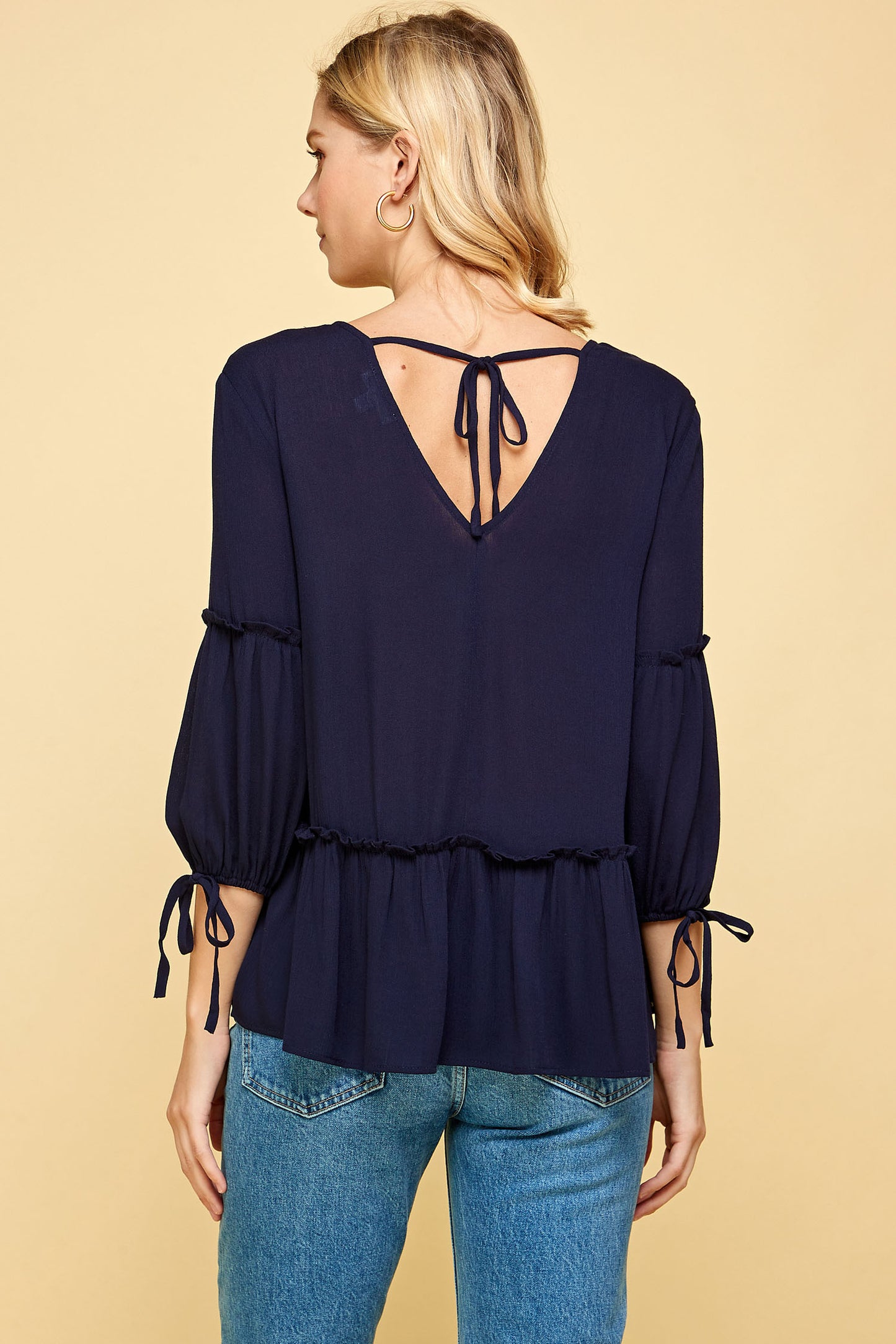 QUARTER SLEEVE TIERED PEASANT TOP IN NAVY