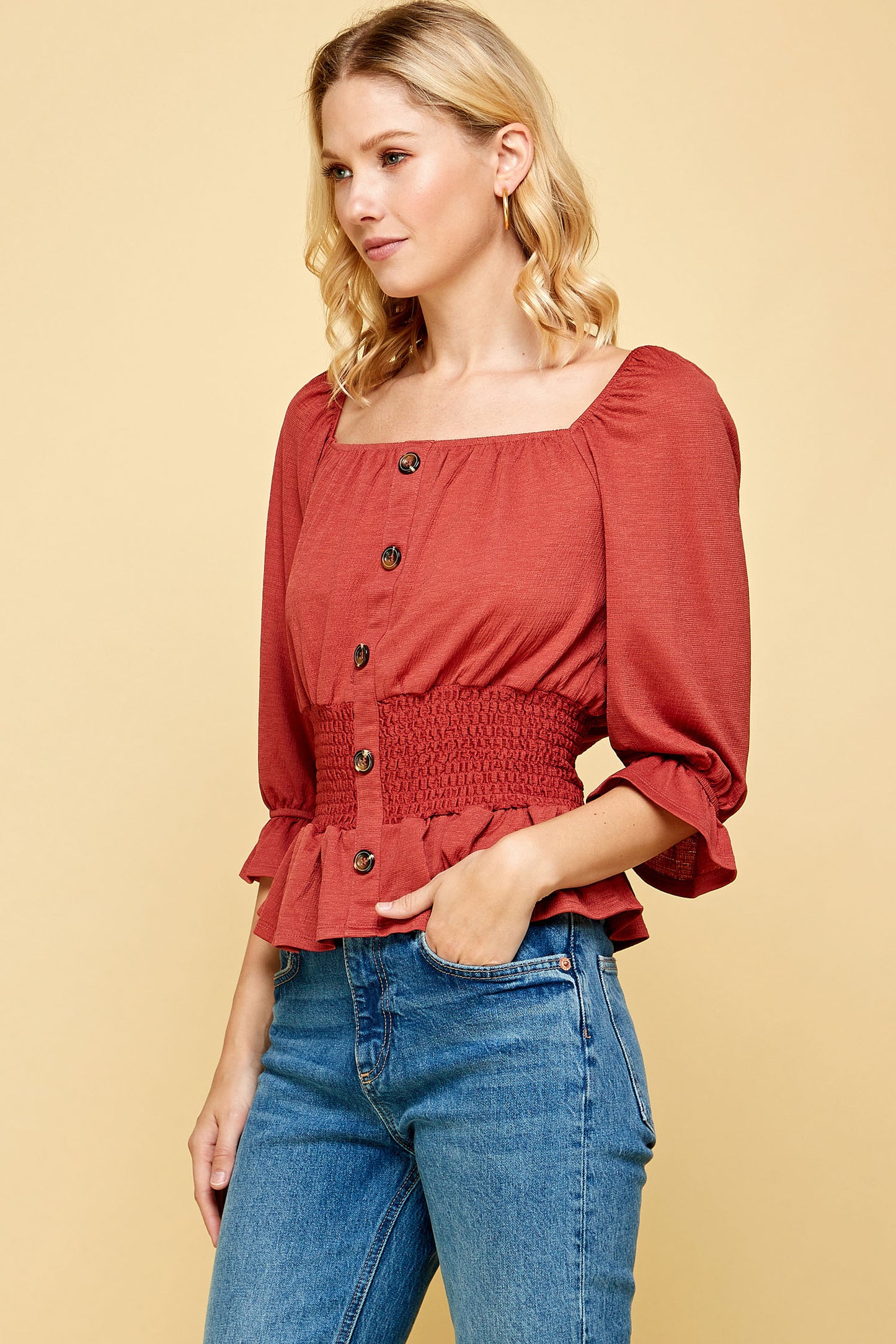 BUTTON DOWN SMOCKED PEPLUM TOP IN RUST