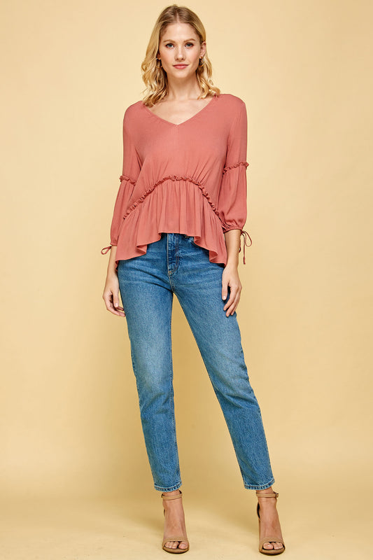 QUARTER SLEEVE TIERED PEASANT TOP IN PINK