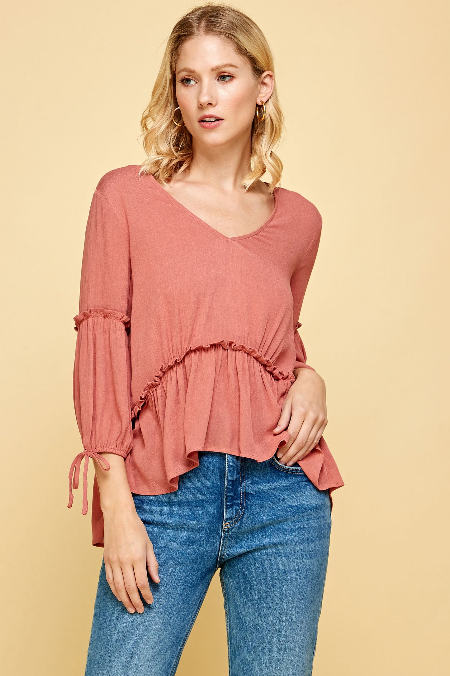 QUARTER SLEEVE TIERED PEASANT TOP IN PINK