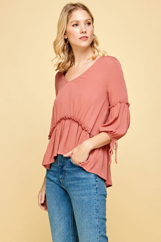 QUARTER SLEEVE TIERED PEASANT TOP IN PINK